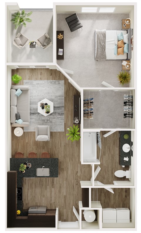 Floor plan for 1 bed, 1 bath, 757 sqft